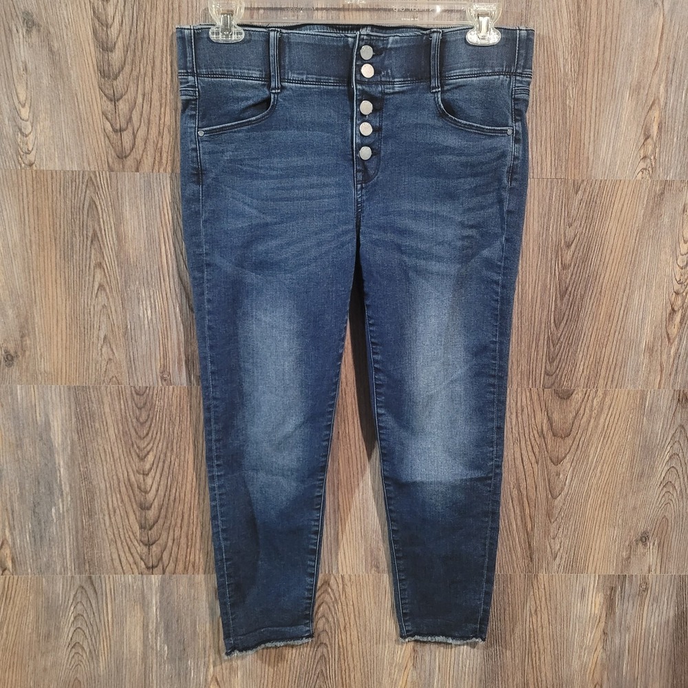 APT 9 Tummy Control Capri Size 12 x 24.5 Dark Wash Button Fly Raw Hem Stretch